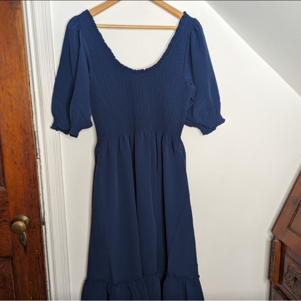 HILL HOUSE The Louisa Midi Nap Dress Navy Crepe Size L Cottagecore